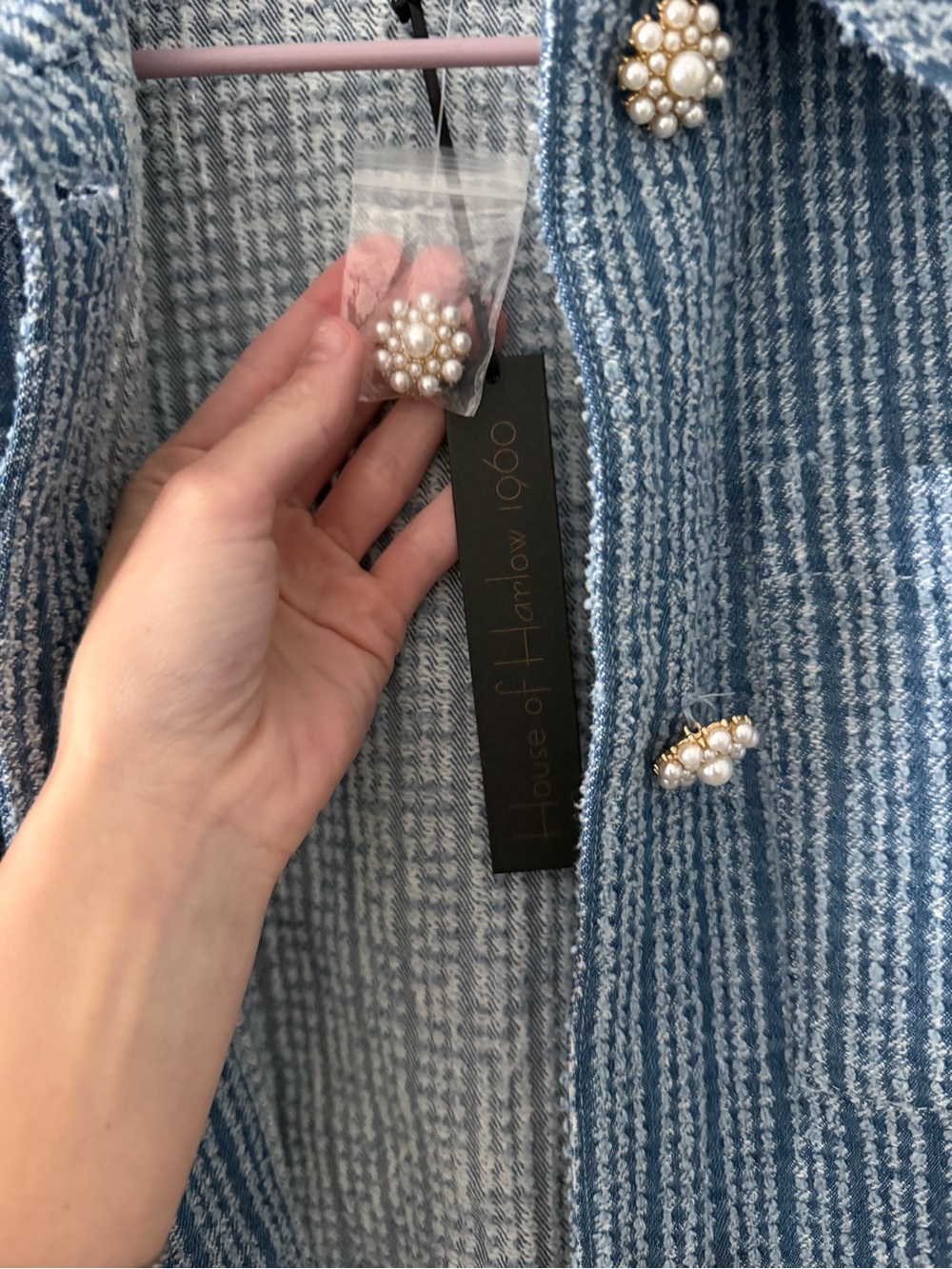 House of Harlow Cropped Blue Tweed Short-Sleeve Jacket - Picture 3 of 3